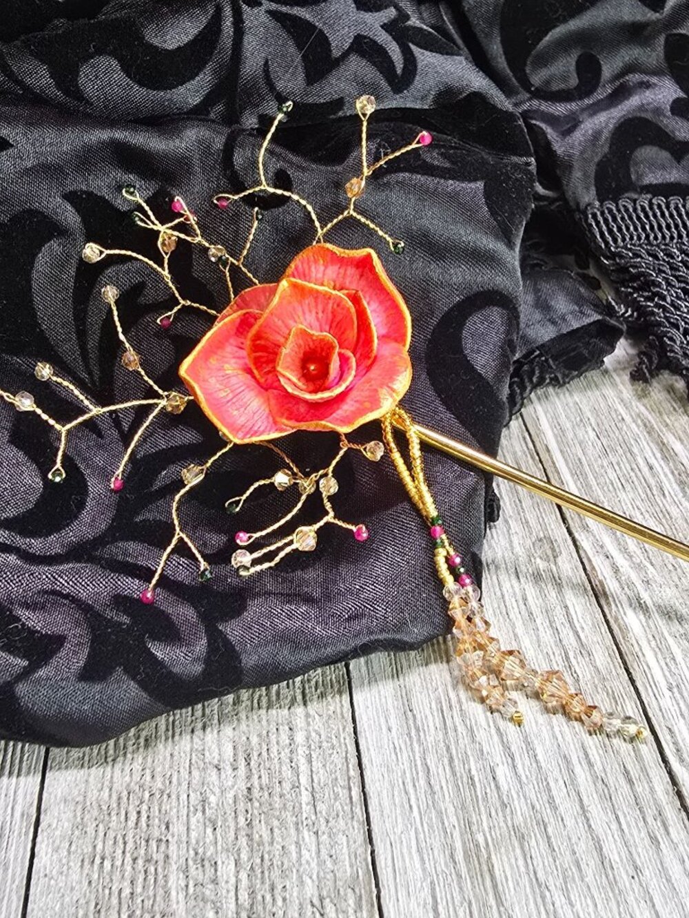 Unique Handcrafted Elegant Gemstone Asian Inspired Pink and Gold Rose Hair Stick